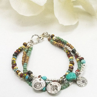 Multi Color Seed Bead Bracelet with Sterling Silver Charms