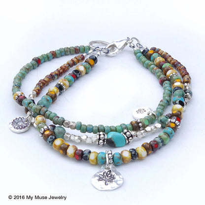 Multi Color Seed Bead Bracelet with Sterling Silver Charms