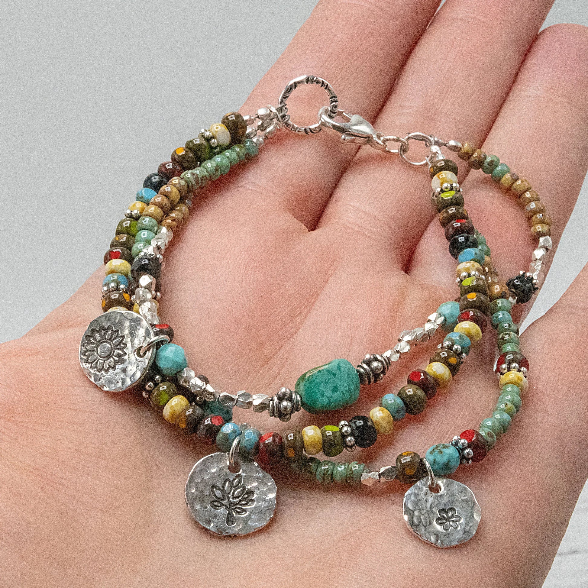 Multi Color Seed Bead Bracelet with Sterling Silver Charms