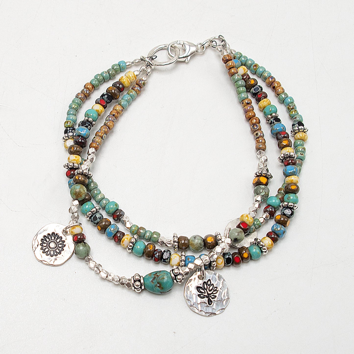 Multi Color Seed Bead Bracelet with Sterling Silver Charms