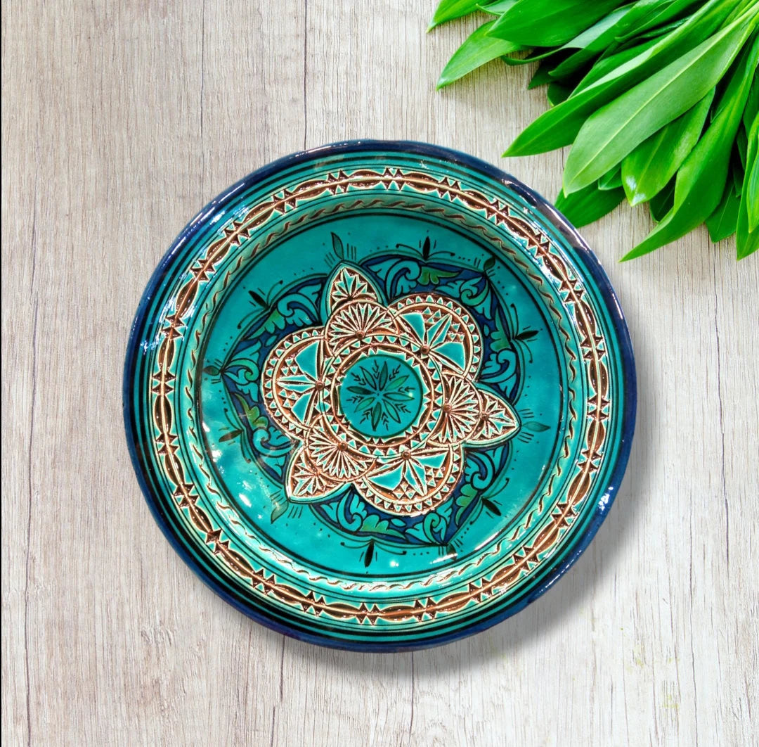 Turqoise Moroccan Hand-Carved Pottery Plate