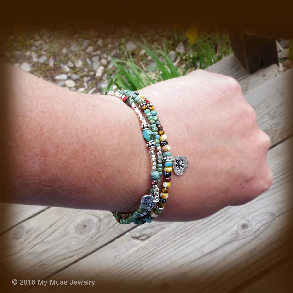 Multi Color Seed Bead Bracelet with Sterling Silver Charms