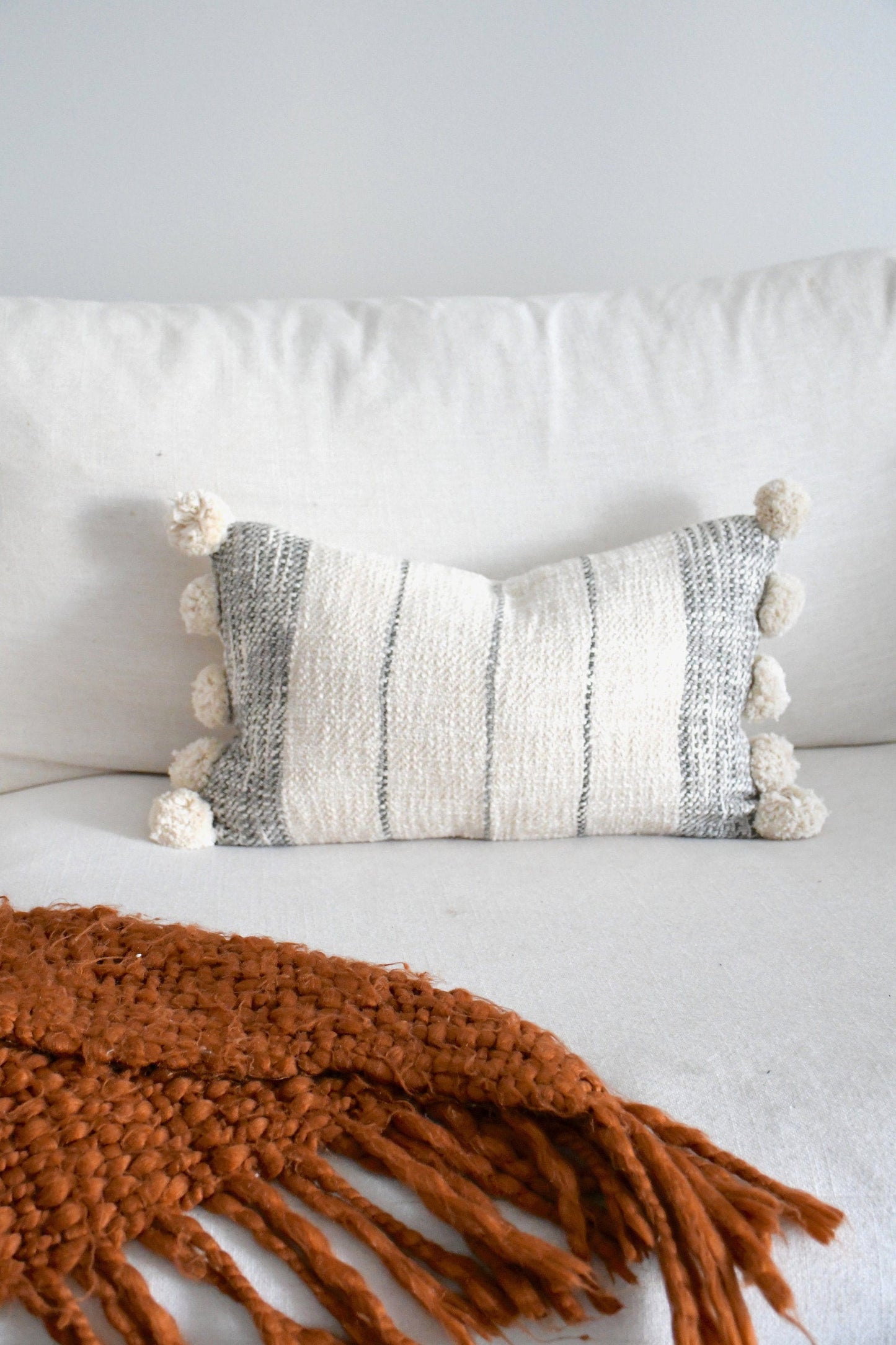 Handwoven Boho Lumbar Pillow Cover - Off-White and Gray