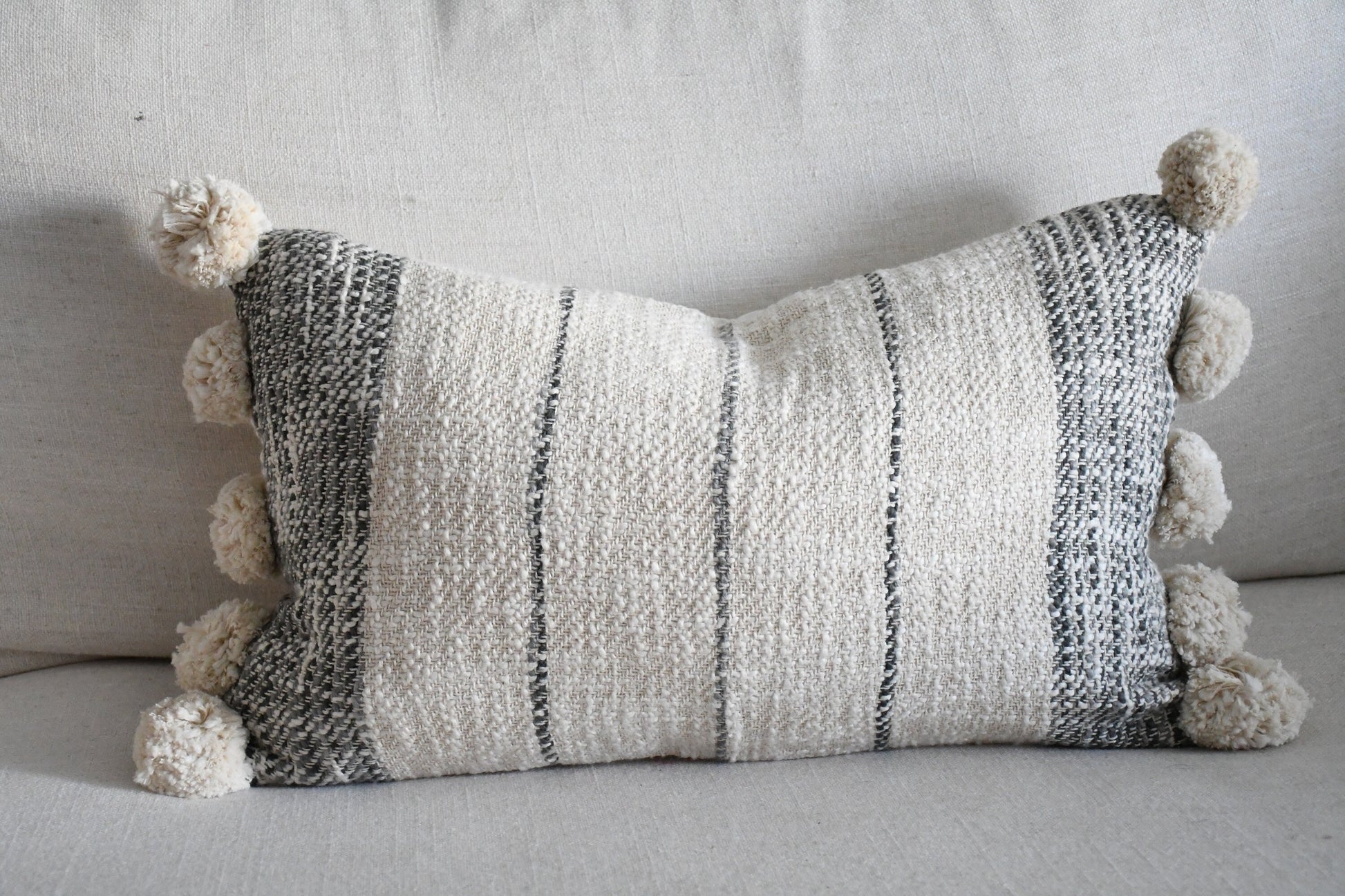 Handwoven Boho Lumbar Pillow Cover - Off-White and Gray