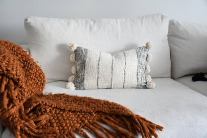 Handwoven Boho Lumbar Pillow Cover - Off-White and Gray