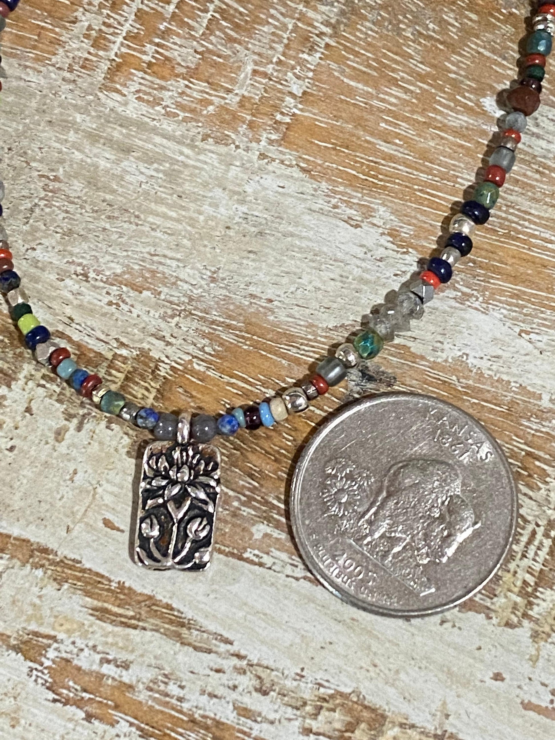 Boho Beaded Choker with Pewter Floral Pendant