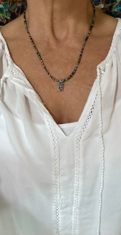 Boho Beaded Choker with Pewter Floral Pendant