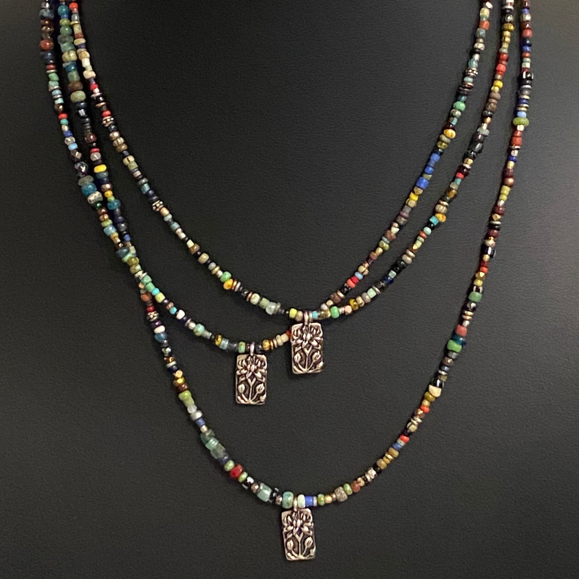 Boho Beaded Choker with Pewter Floral Pendant