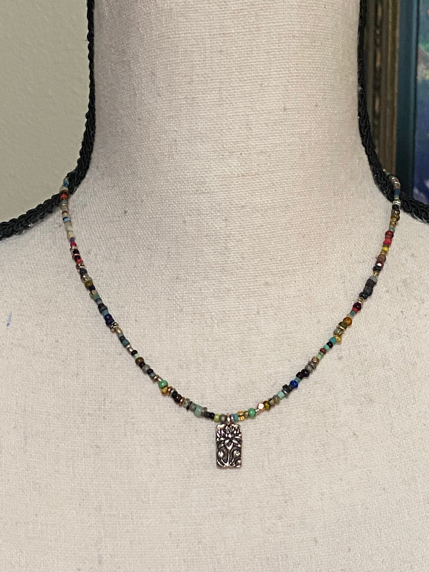 Boho Beaded Choker with Pewter Floral Pendant