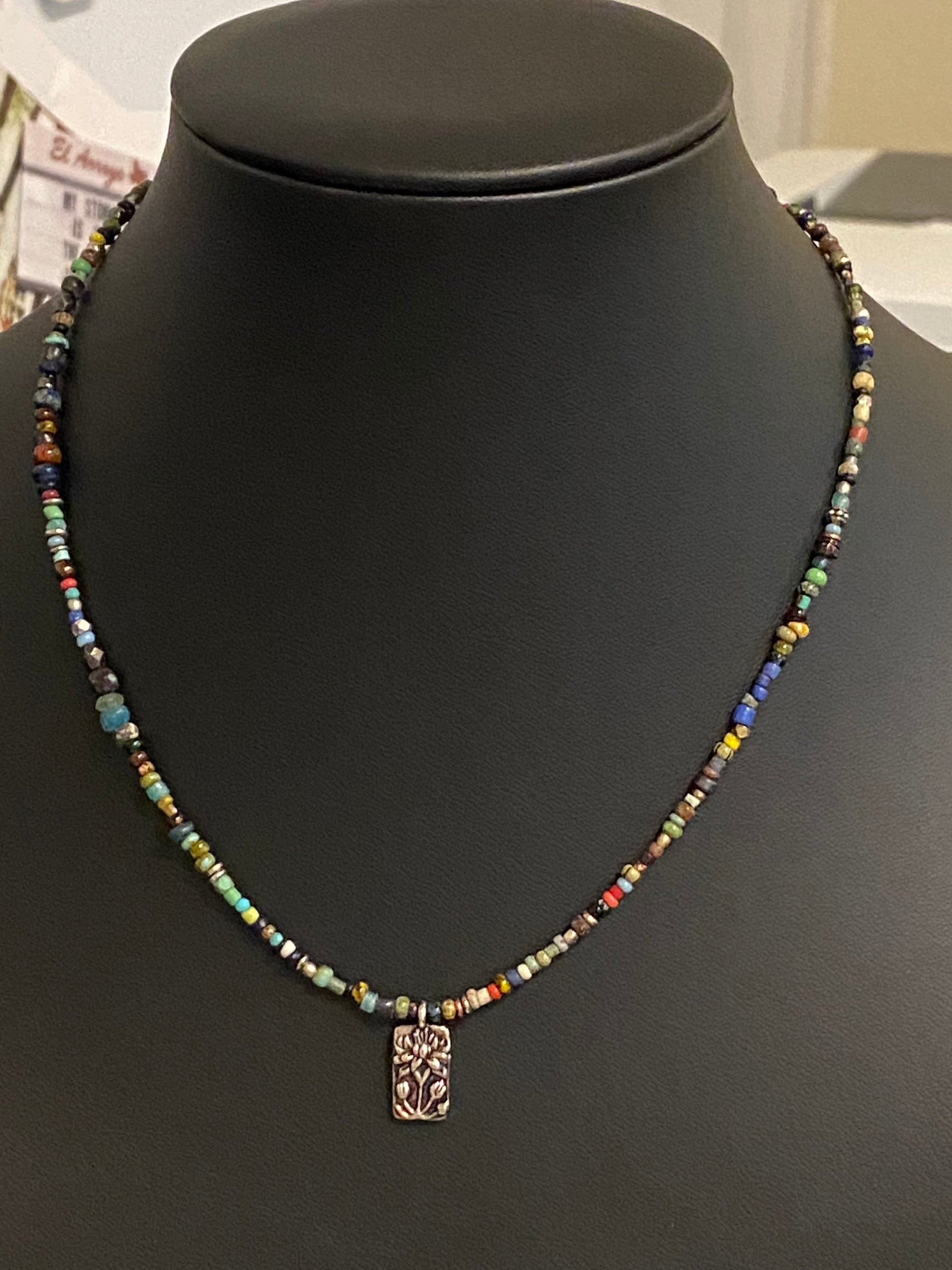 Boho Beaded Choker with Pewter Floral Pendant