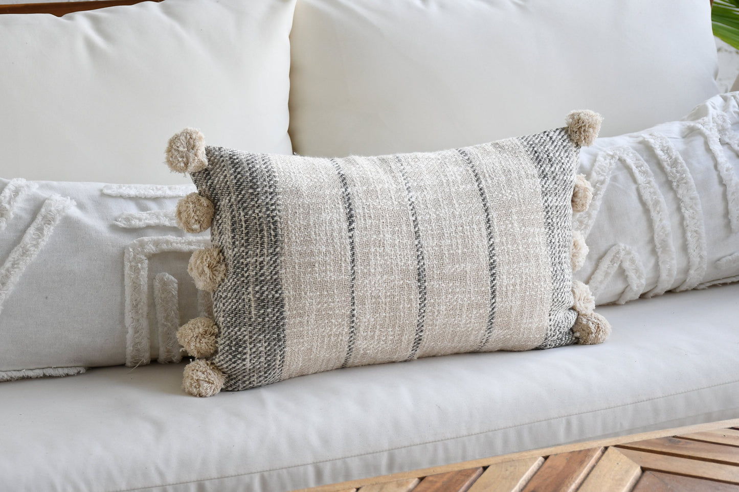 Handwoven Boho Lumbar Pillow Cover - Off-White and Gray