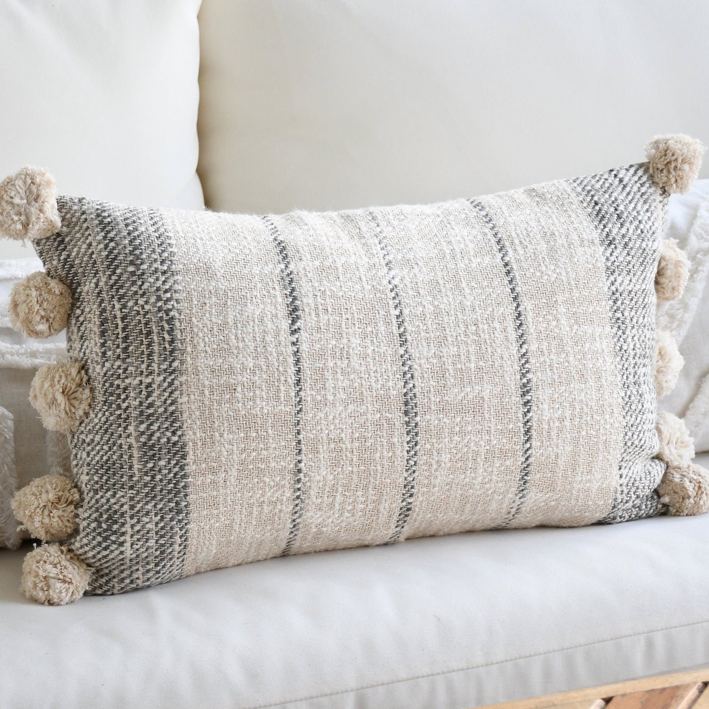 Handwoven Boho Lumbar Pillow Cover - Off-White and Gray