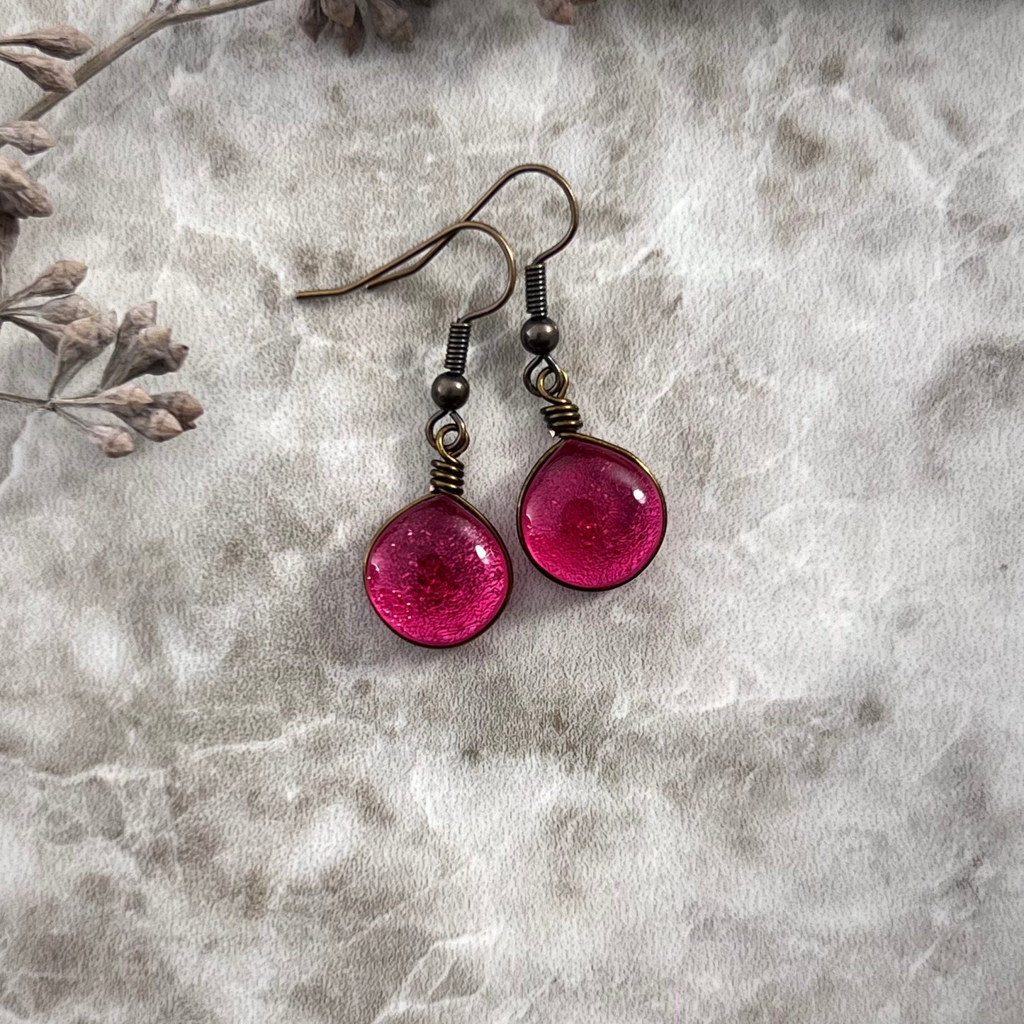 Vintage Rose Pink Brass Earrings