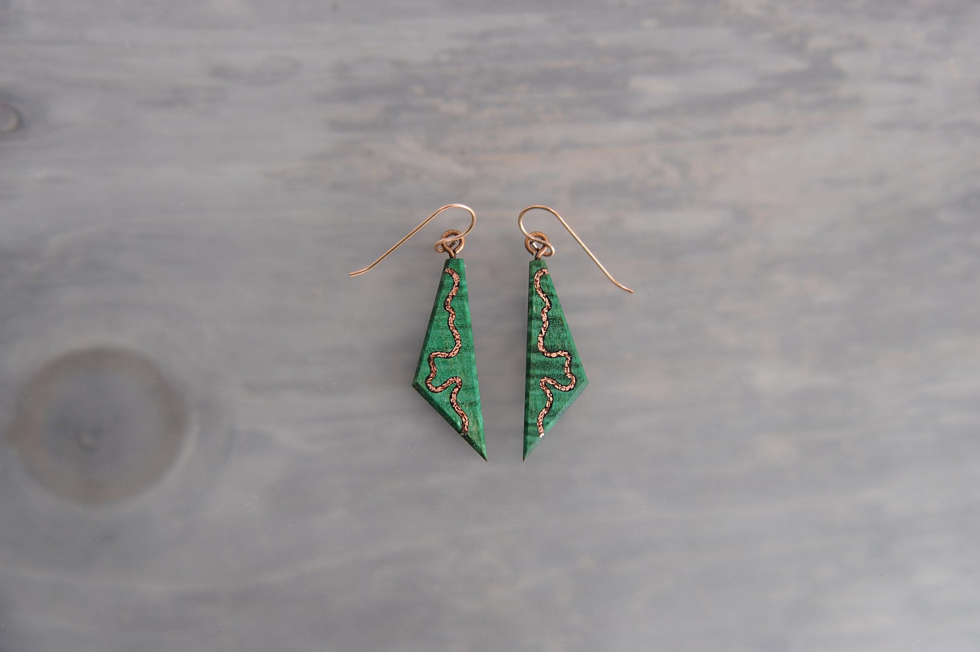 Natural Copper Inlaid Green Wood Dangle Earrings