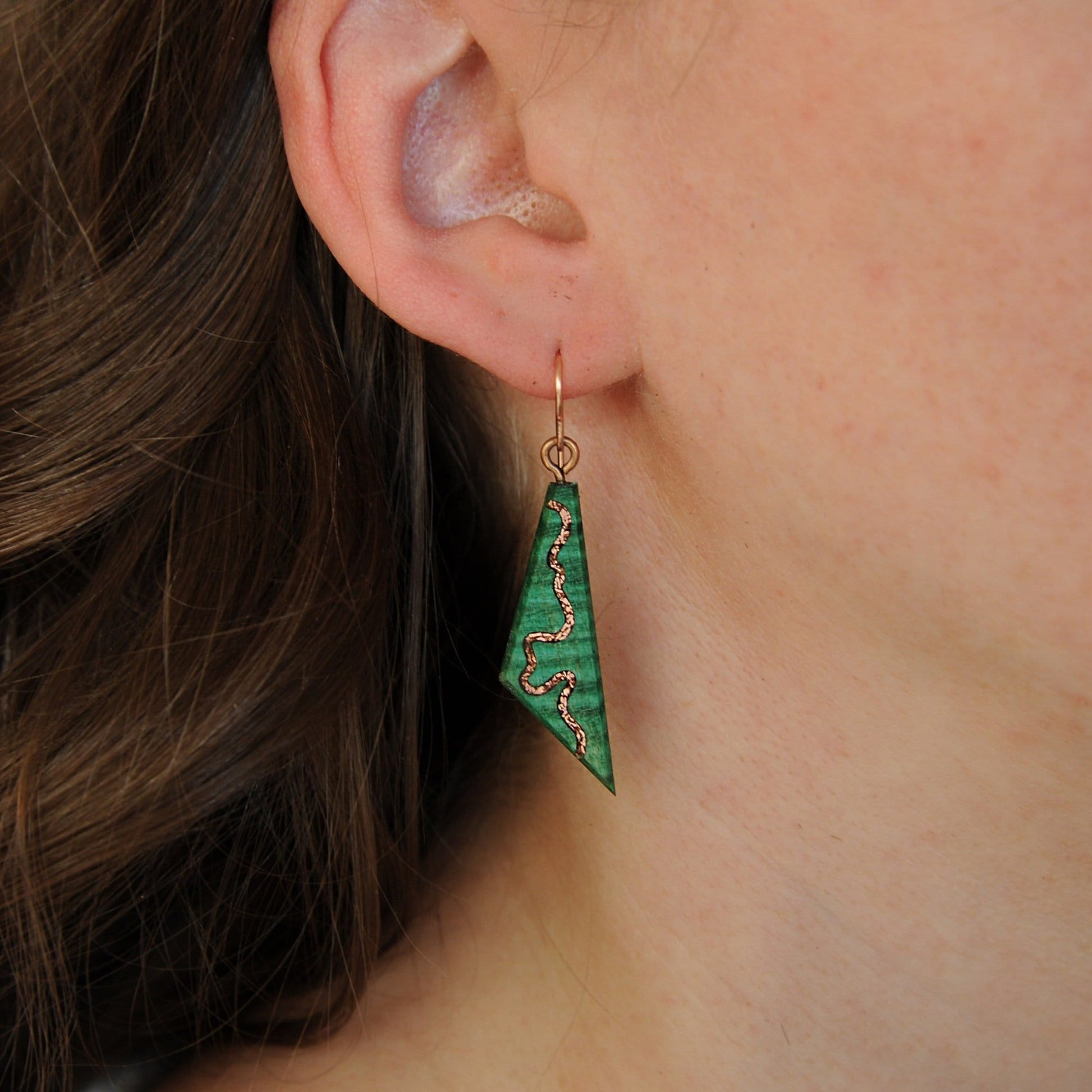 Natural Copper Inlaid Green Wood Dangle Earrings