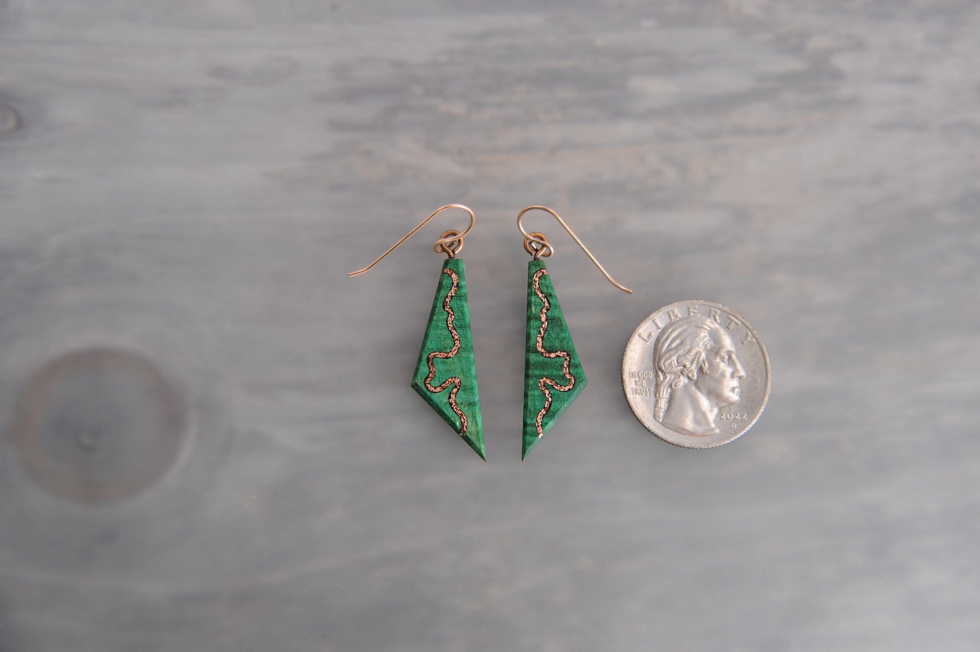 Natural Copper Inlaid Green Wood Dangle Earrings