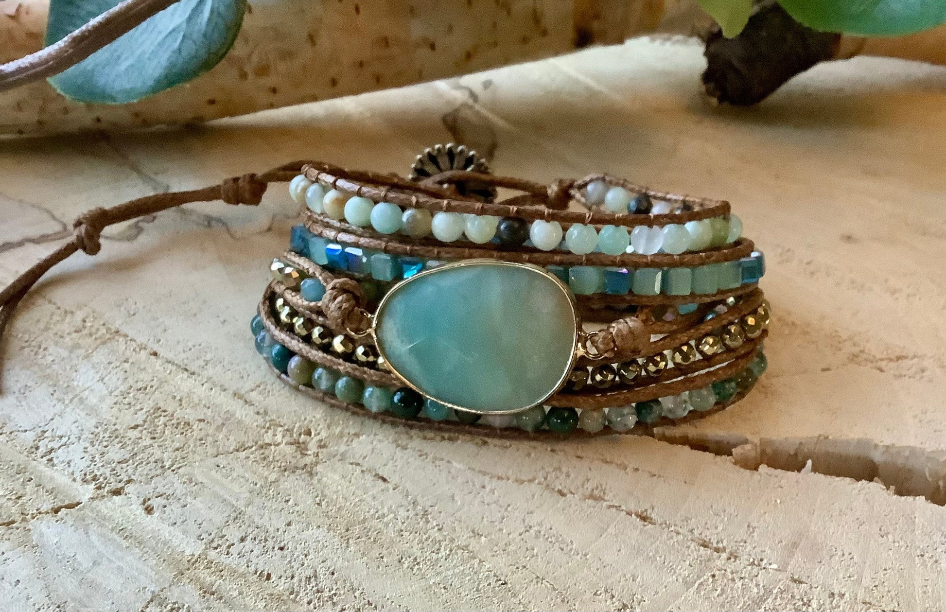 Aventurine and Labradorite Leather Wrap Bracelet