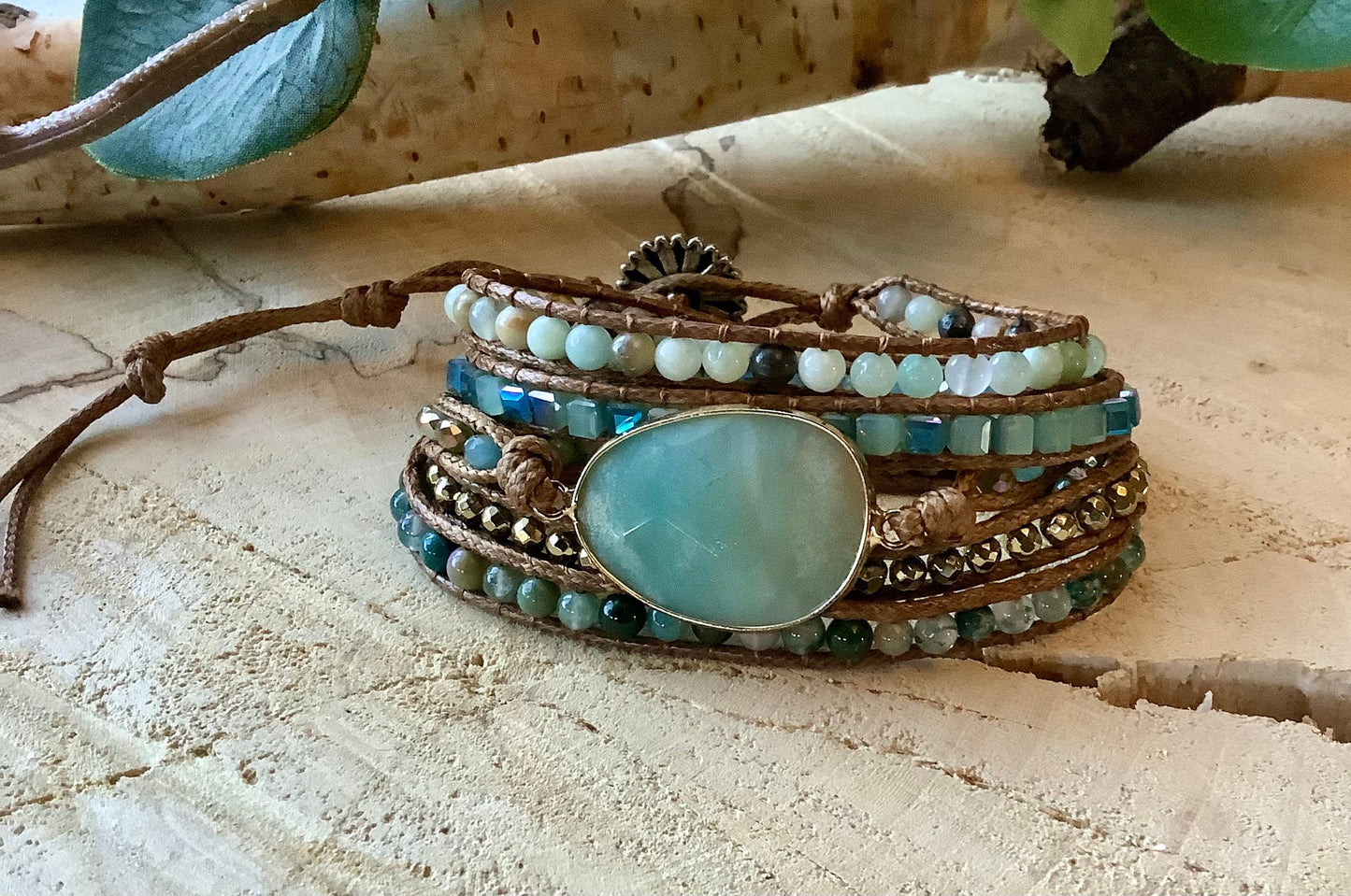 Aventurine and Labradorite Leather Wrap Bracelet