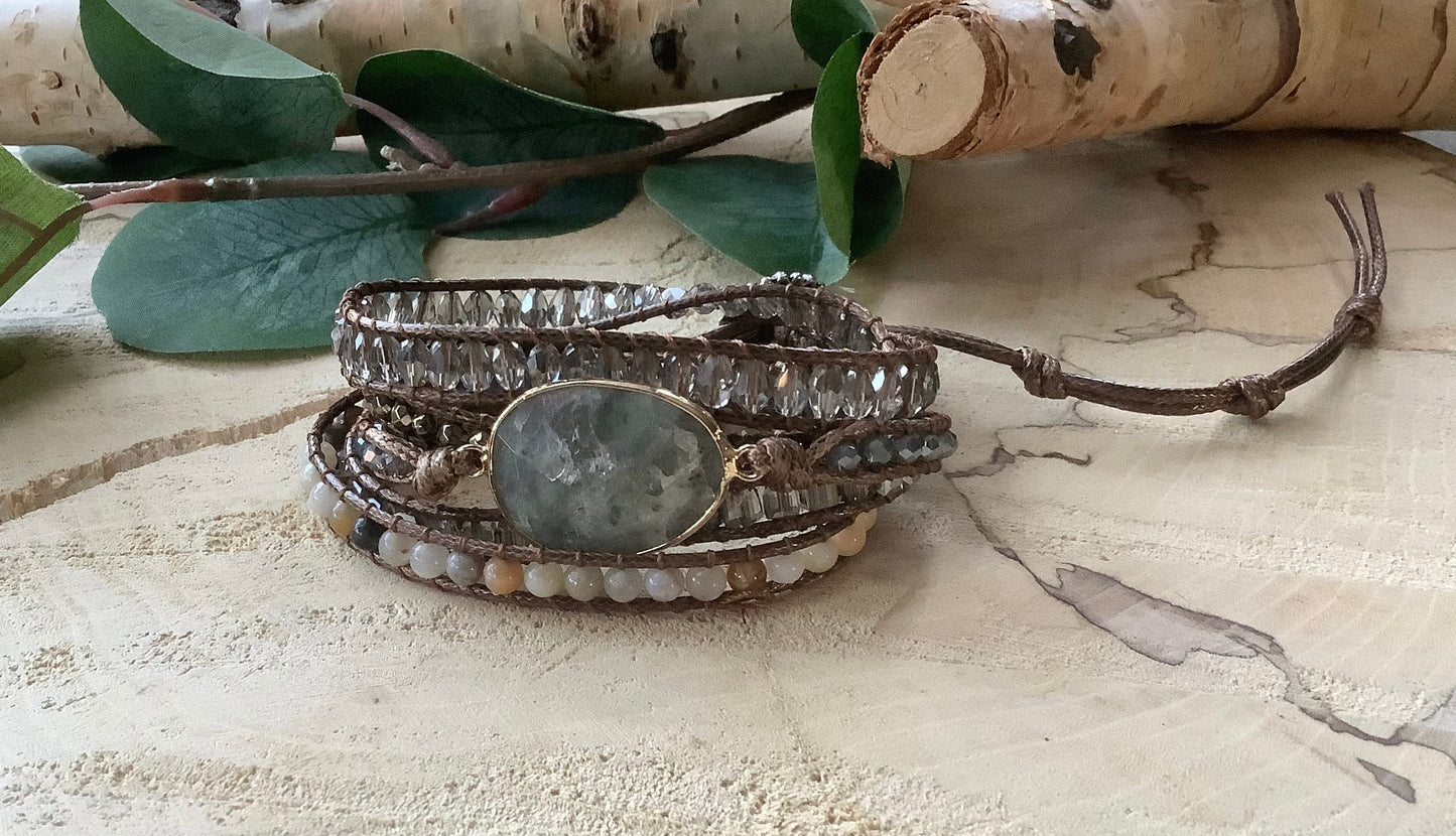 Aventurine and Labradorite Leather Wrap Bracelet